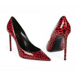 Saint Laurent ZOE 85MM Red Leopard Animal Print Patent Leather Pumps